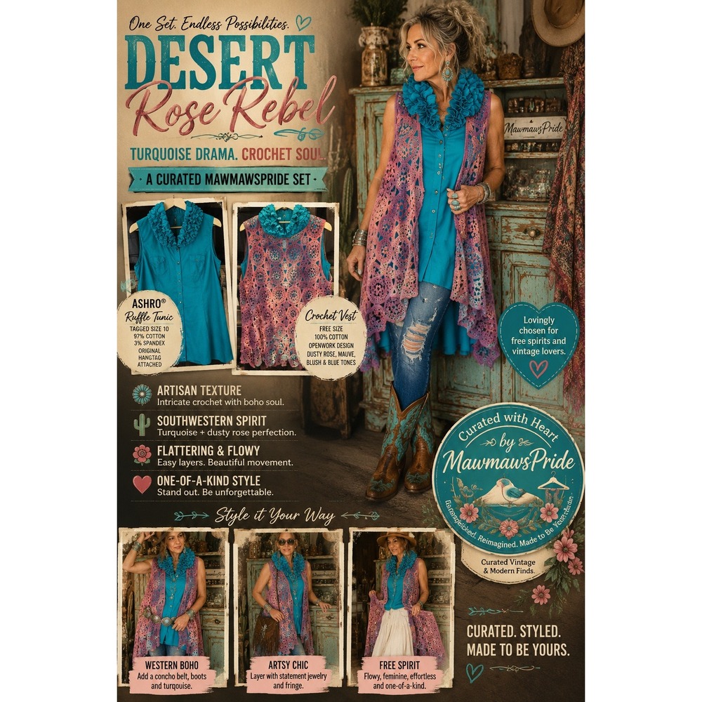 DESERTRebel
ASHRO Turquoise Ruffle Tunic + Artisan Crochet Vest Curated Boho Set